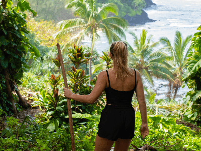 Person hiking through a jungle with a walking stick