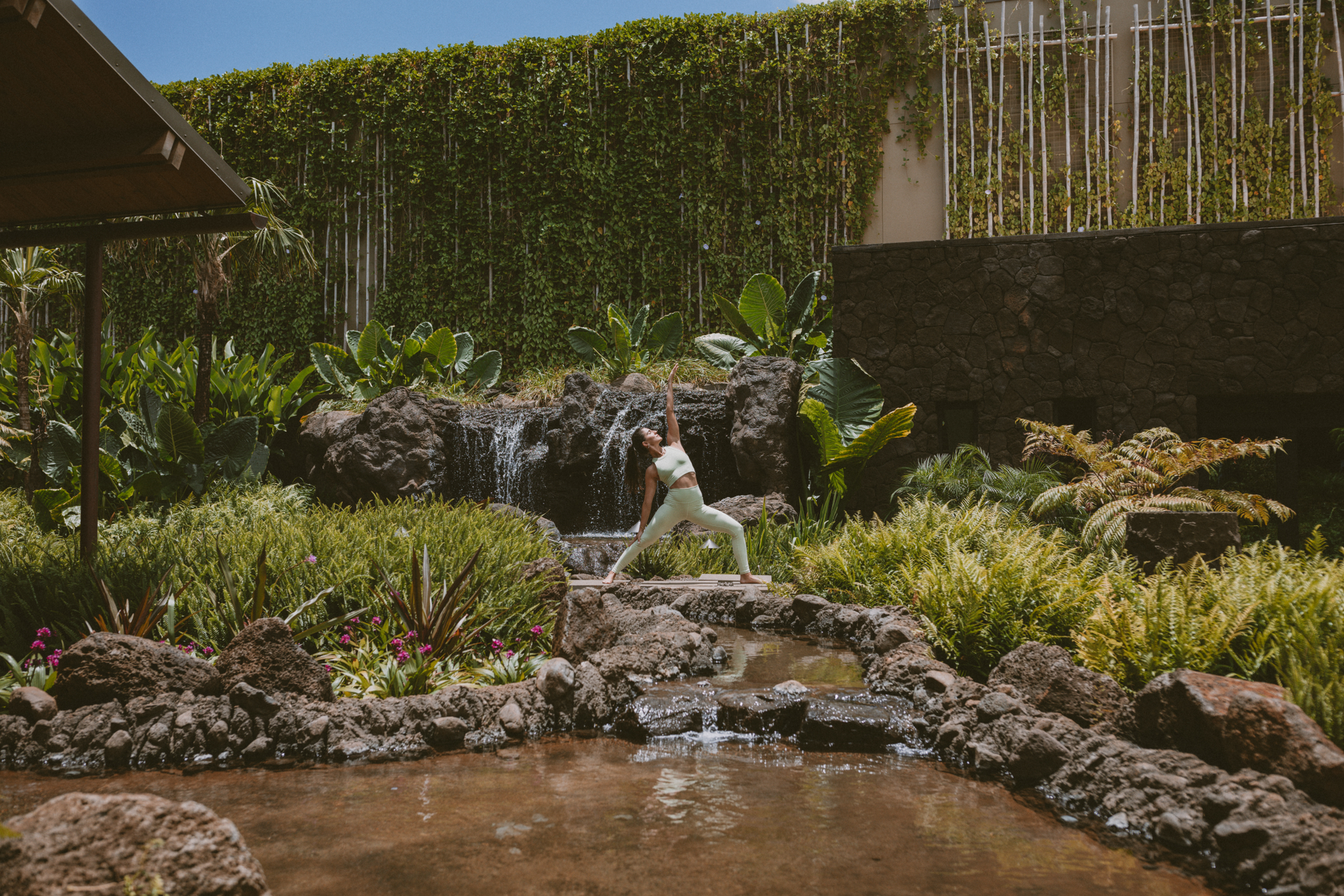 Woman doing yoga surrounded by lush greenery