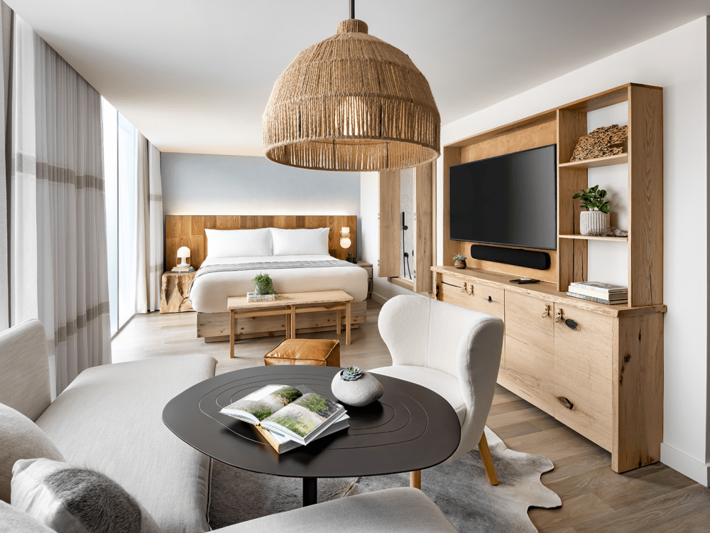 Une chambre d'hôtes avec un grand canapé, un lit king size et une télévision.