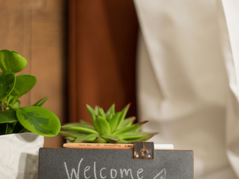 Welcome chalkboard in room