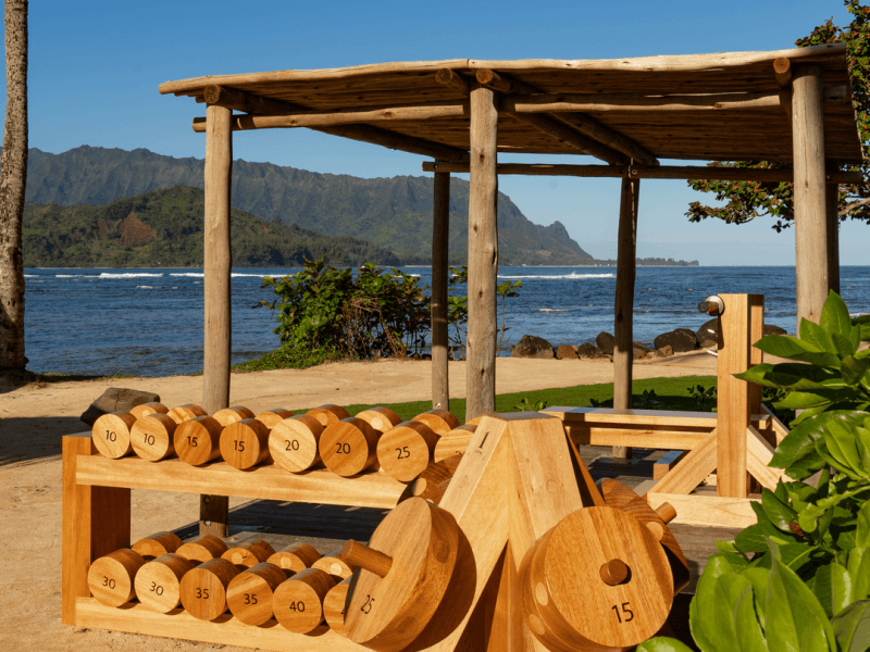 Outdoor fitness area with wooden workout equipment