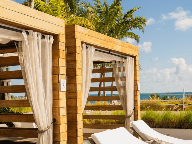 Lounge chairs on a pool deck