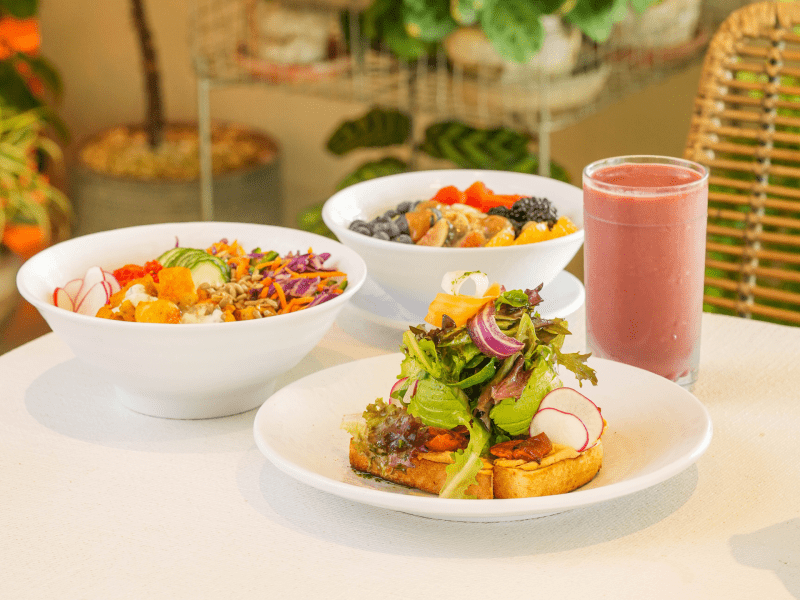 Food and a smoothie at a restaurant