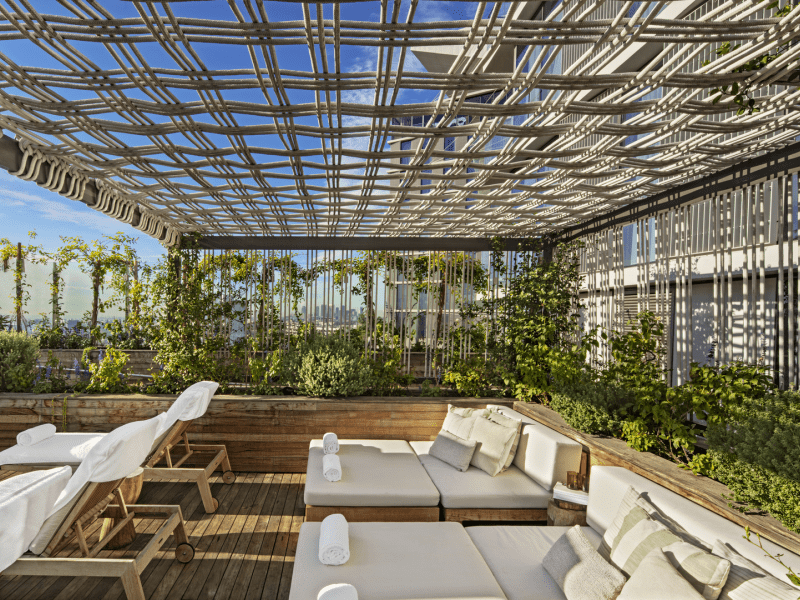 A rooftop lounge area with reclined lounge chairs is featured within a wall pf green plant life.  A trellis overhead.