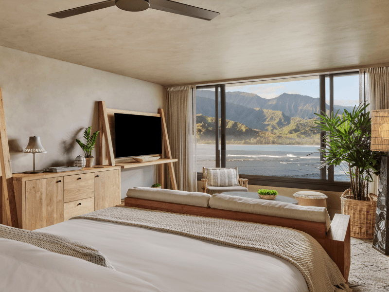 Rustic hotel room with a view out to the ocean