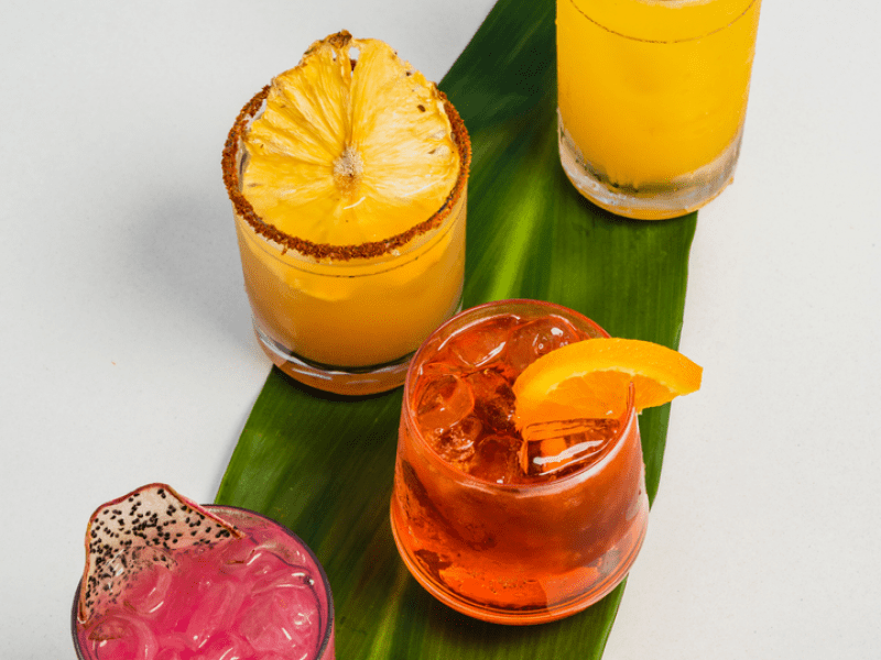 Four cocktails lined up on a leaf