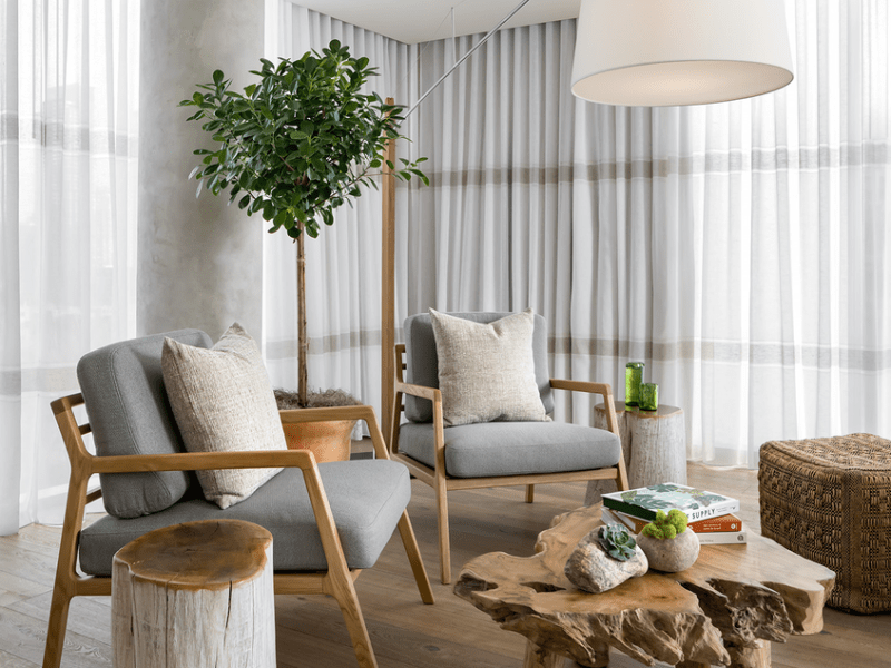 Bright living room with chairs and a live edge coffee table