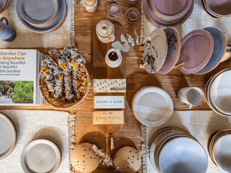 A display of plates and books