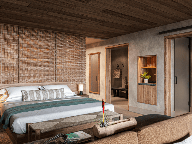 Junior Suite Bedroom with rustic wood and wicker decor