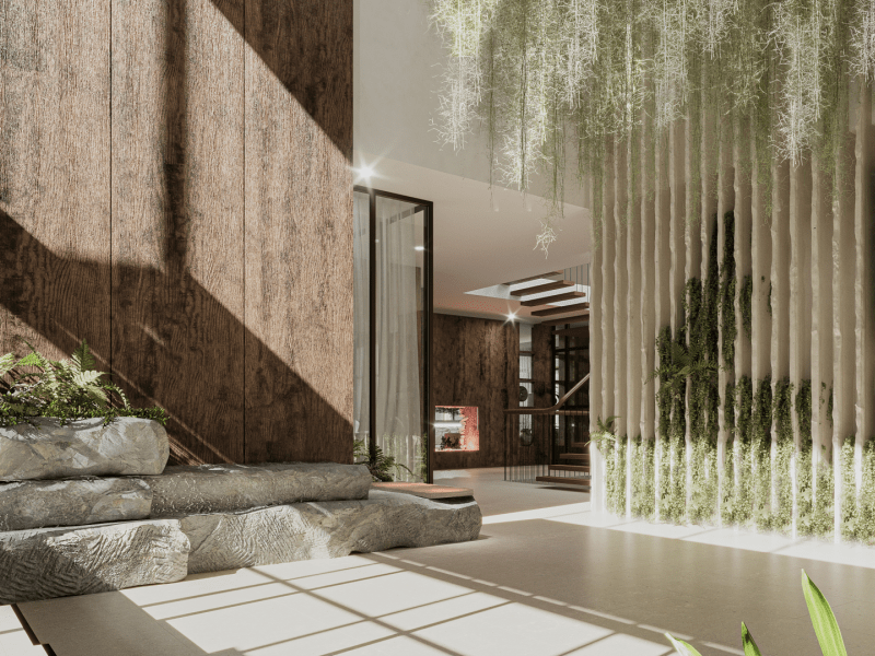 Bright elegant lobby with moss hanging from the ceiling