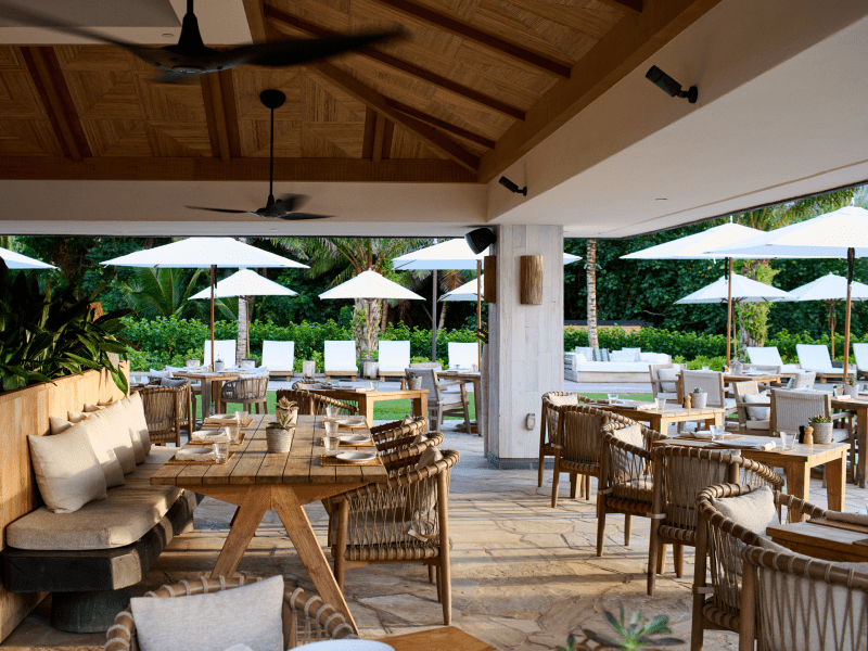The Sandbox beachside restaurant at 1 Hotel Hanalei Bay offering family-friendly casual dining near the beach on Kauai