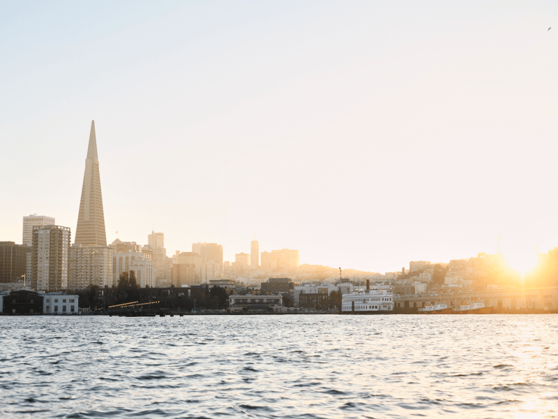 City skyline view and waterfront outside of 1 Hotel San Francisco