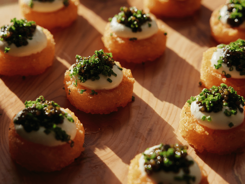 Food on round wooden plate