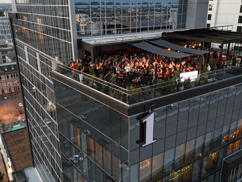crowd of people on a rooftop
