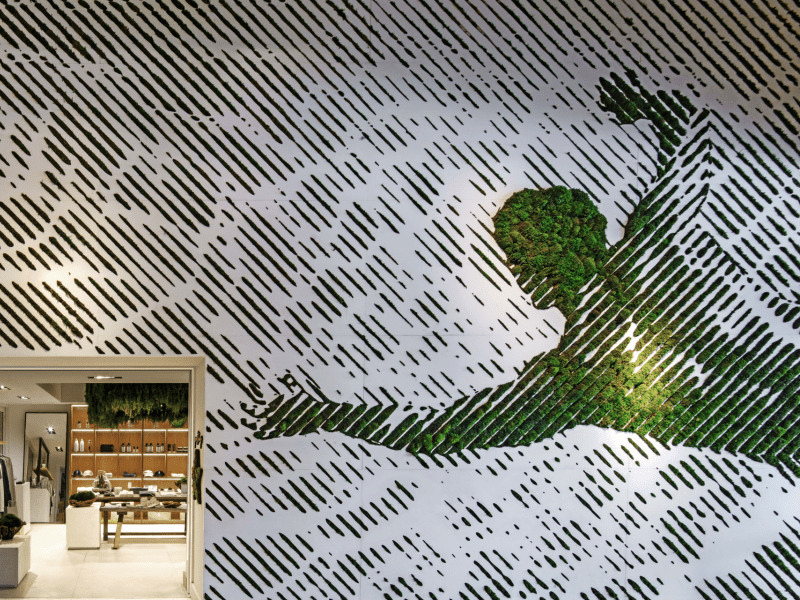 Plants in the shape of a person growing on the wall