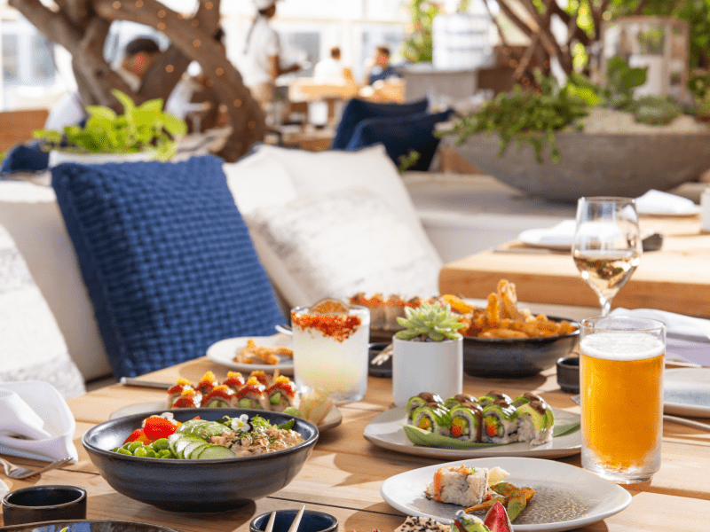 Food and cocktails at a table