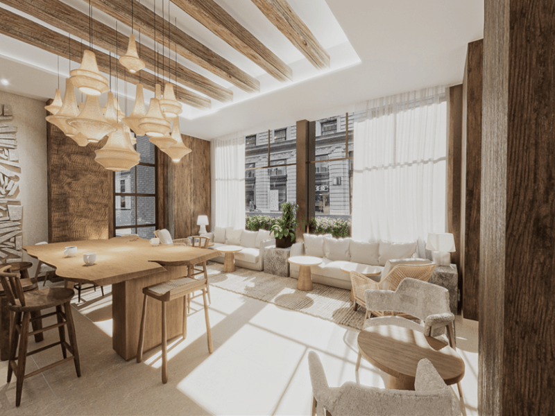 Lounge area with couches, chairs and tables
