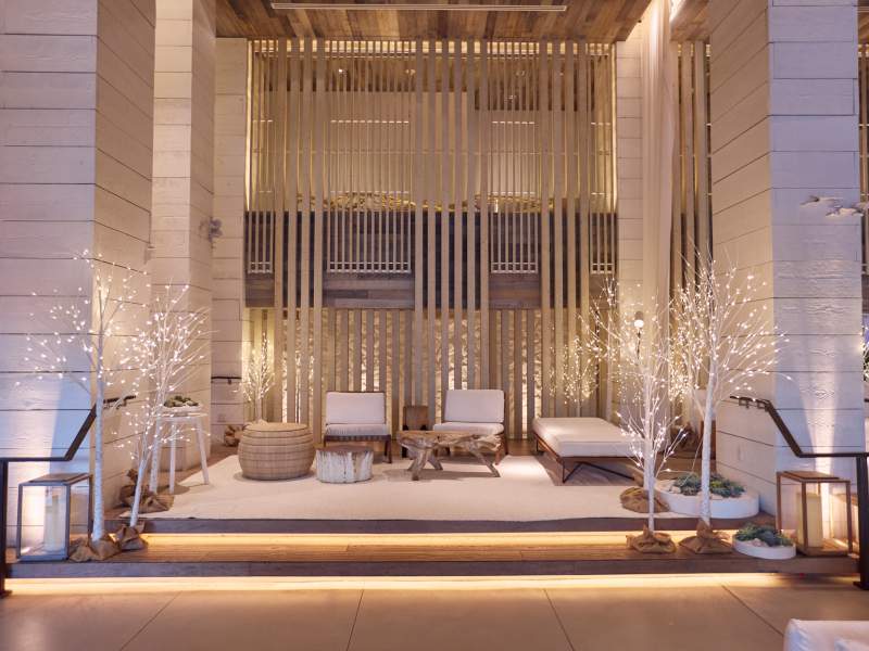 lobby decorated for the holidays 