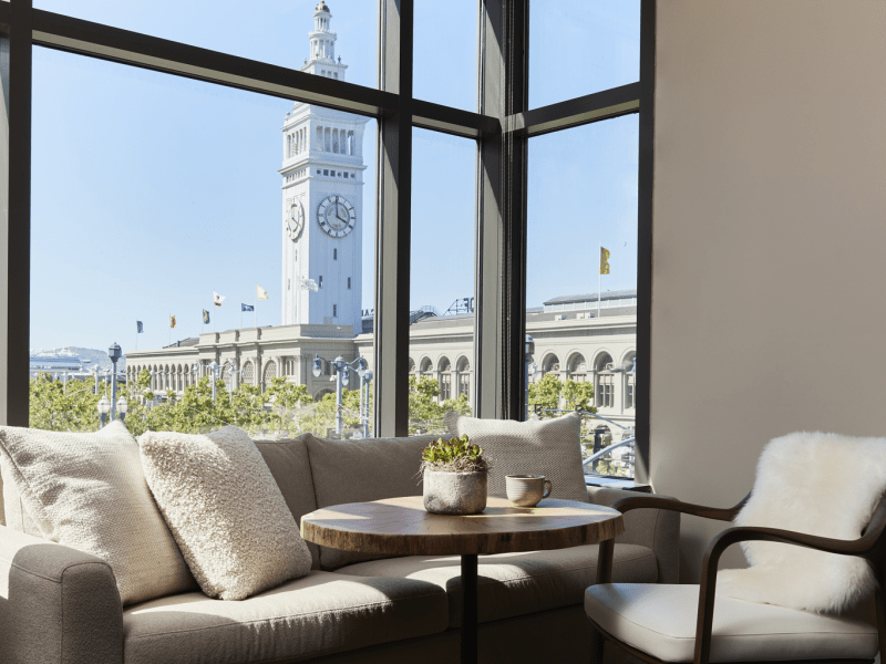 View of the San Francisco Ferry building from a 1 Hotels room.