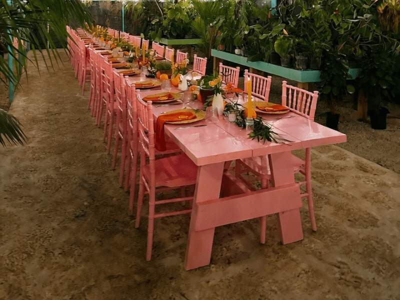 table set in tropical garden