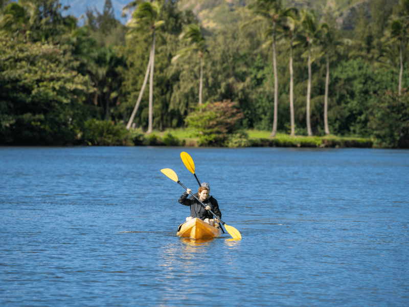 Two people in a double kayak on the water