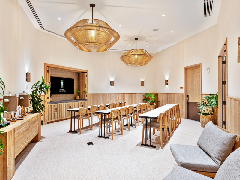 Koa Meeting room set up with classroom style seating with tv displayed at front