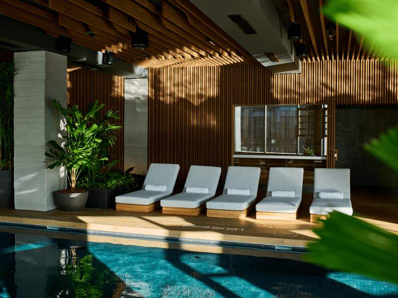 Chaise lounges in the indoor pool