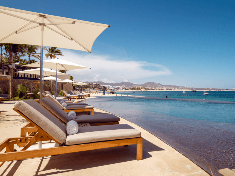 Lounge chairs along the beach