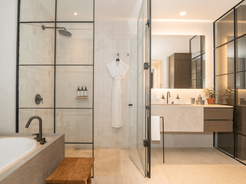Ivory bathroom with a standing shower