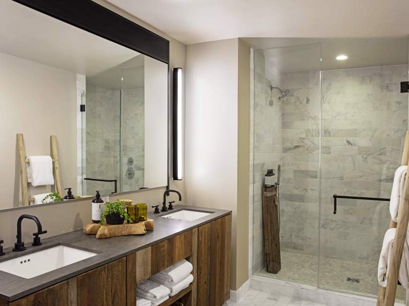 Bathroom with brown cabinets