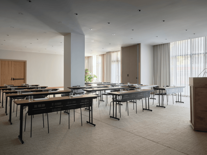 Classroom area with rows of desks and chairs