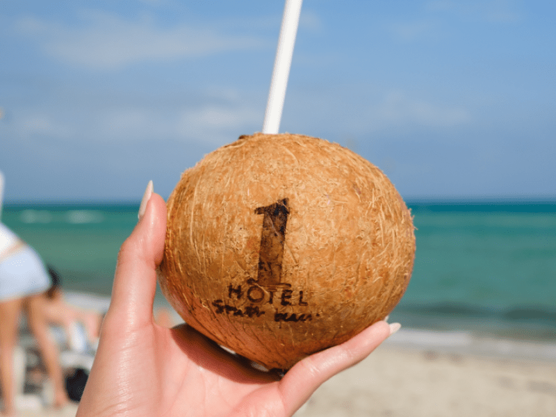 Person holding a 1 Hotel branded coconut with a straw