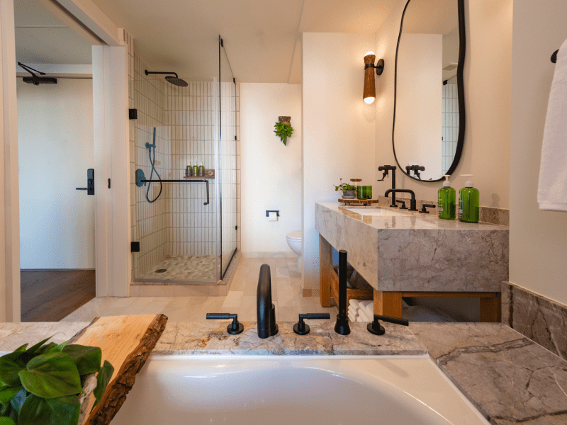 bathroom with shower and bathtub