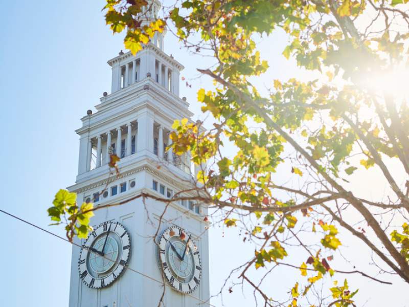 View of the San Francisco ferry building clock tower from ground level