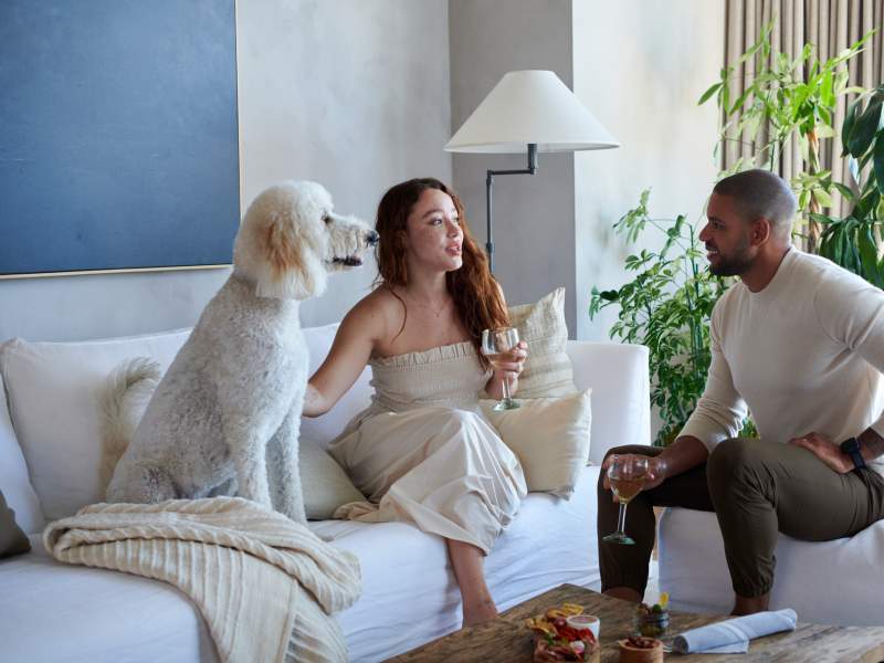 Two people having a drink and talking