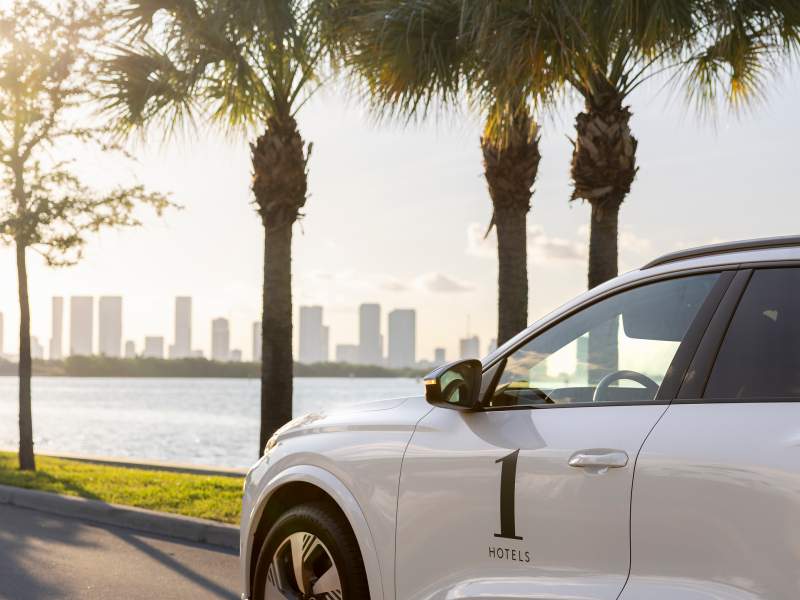 audi driving into the horizon with palm trees