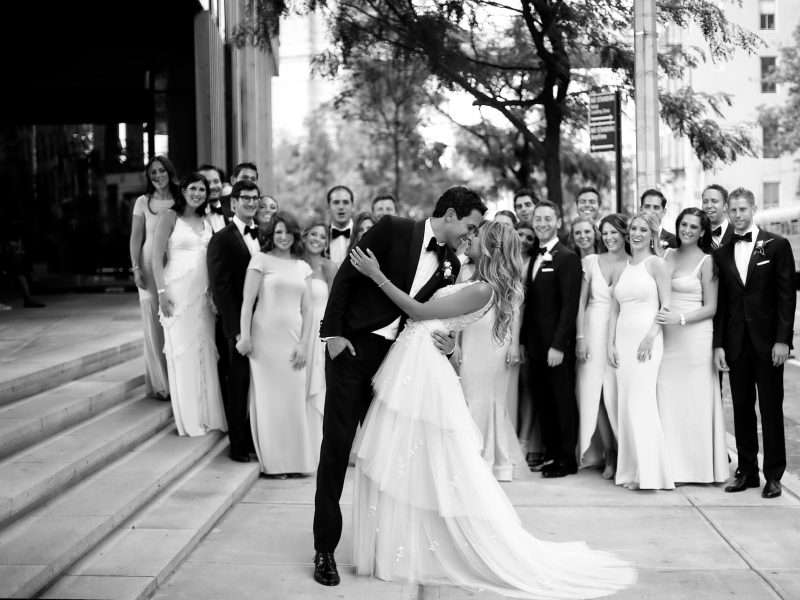 Bride and groom kissing 