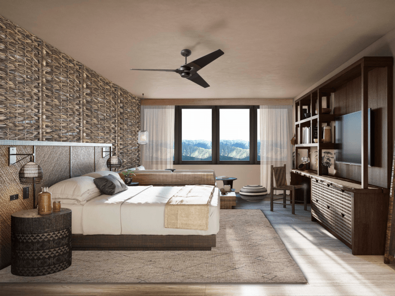 Brown colored bedroom with a wickered wall 