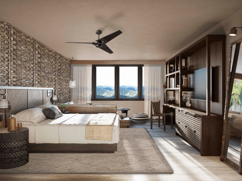 Brown colored bedroom with a wickered wall 