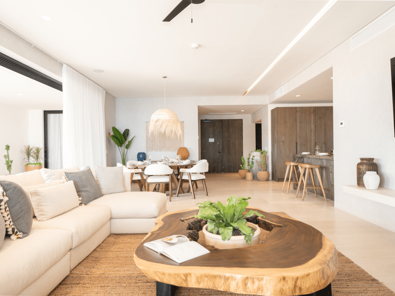 Bright living room area with a live edge coffee table