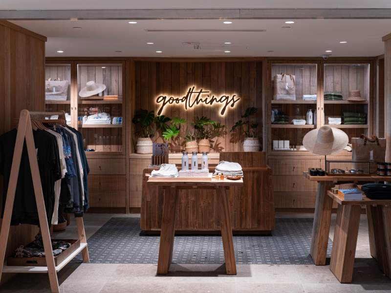 Racks and tables setup for product display at GoodThings