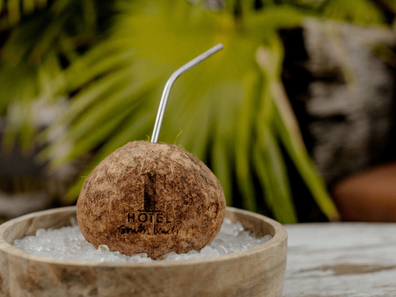 1 Hotel branded coconut with a straw coming out of it