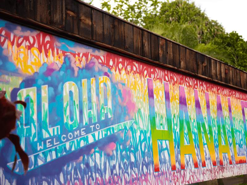 A colorful sign reading "Aloha, welcome to Hanalei"