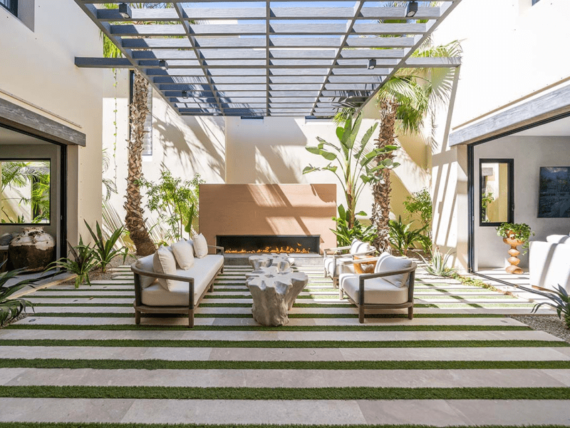 A seating area with exposed skylight