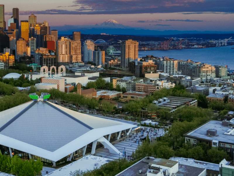 Birdseye view of climate pledge arena in Seattle