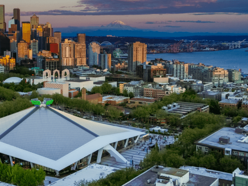 Birdseye view of climate pledge arena in Seattle