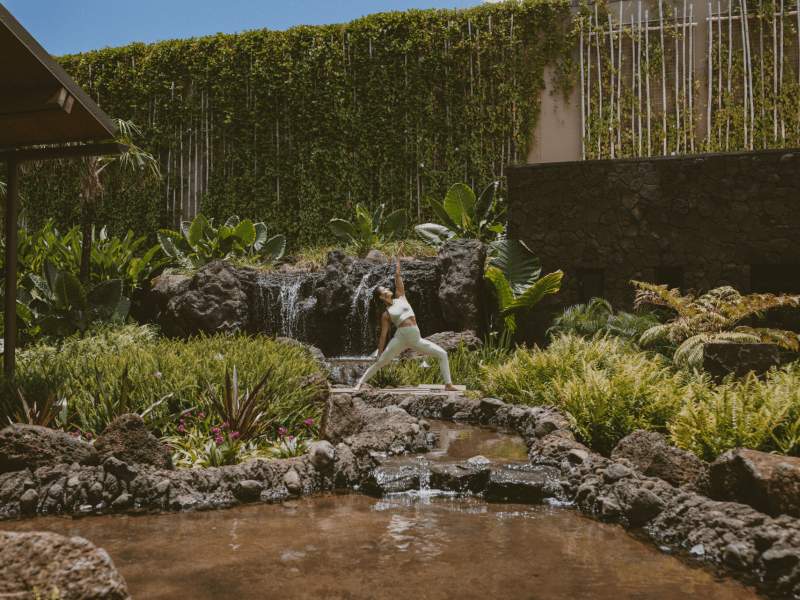 Woman doing yoga surrounded by lush greenery