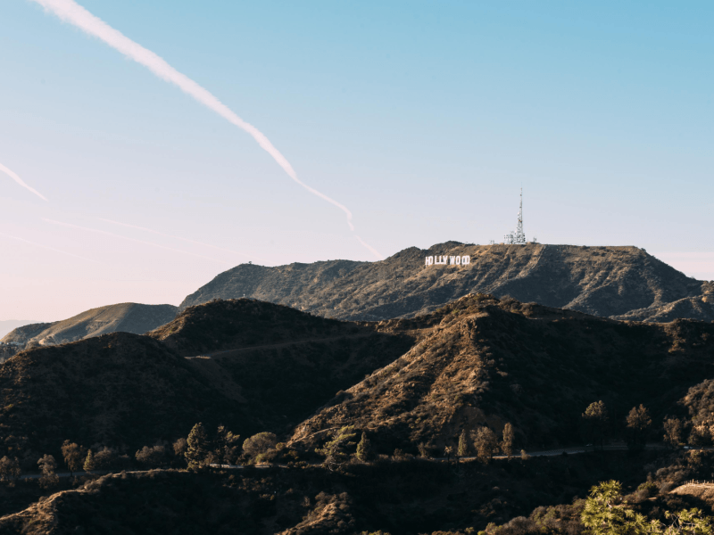 A far-off view of the Hollywood sign