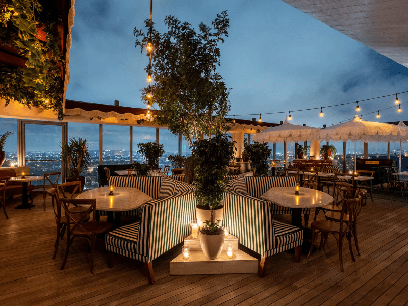 Outdoor dining area at night