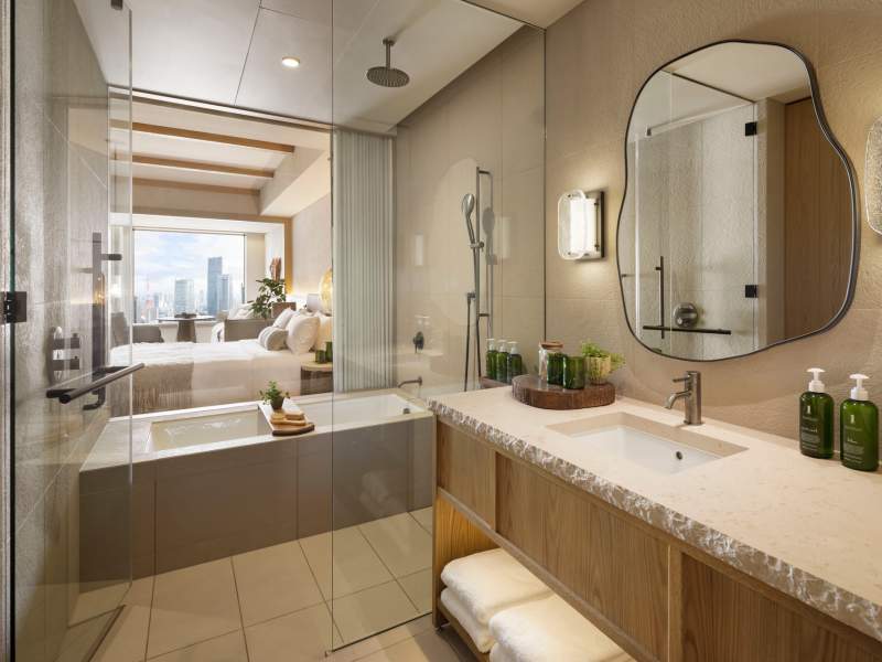 Salle de bain moderne en bois avec équipements et baignoire